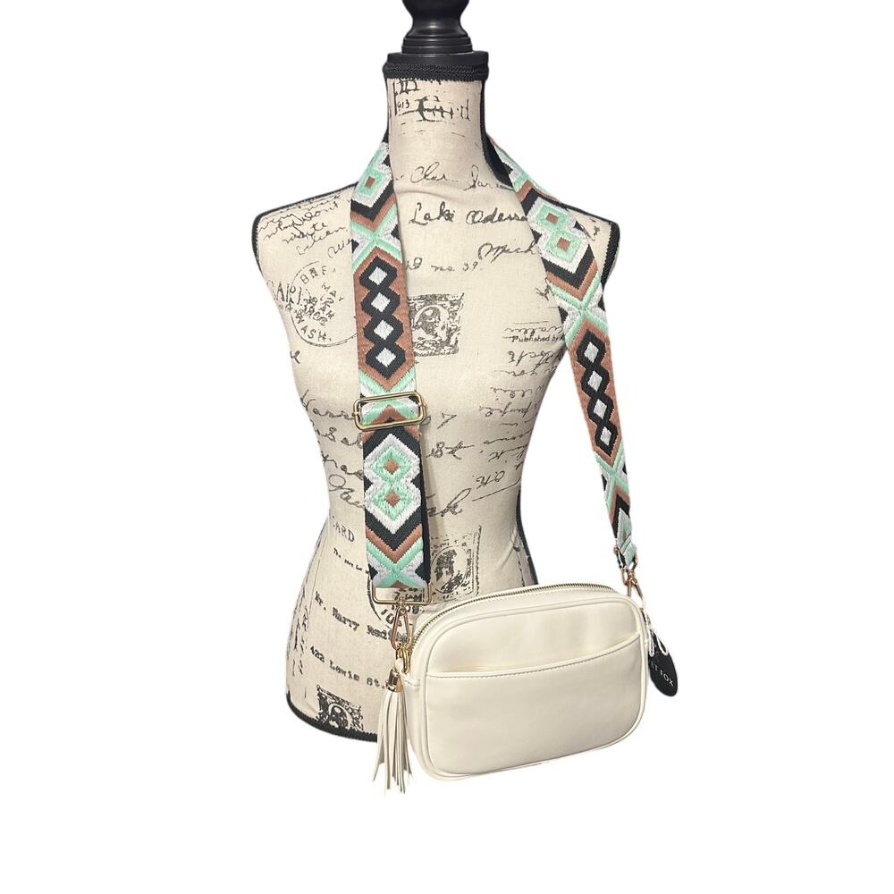 Threaded Pear White Crossbody Bag w/Tassel & Tribal Strap – Adjustable Boho Bag